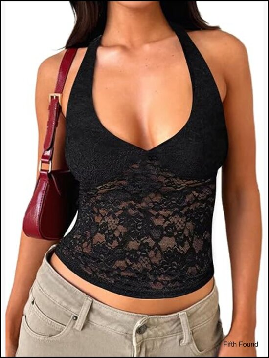 Tops - Lace Halter Crop Top Sleeveless Backless Y2K Going Out Tank